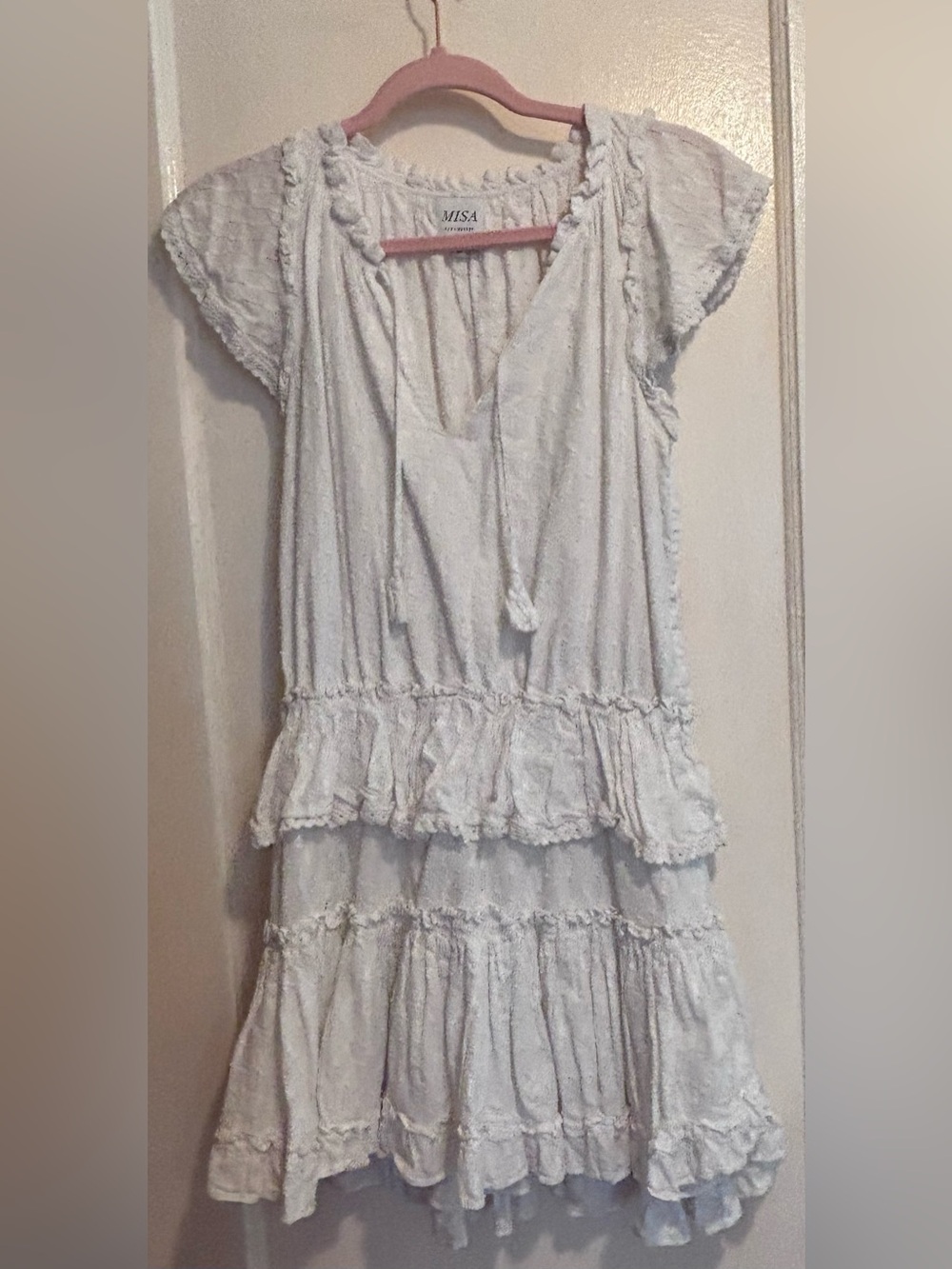 MISA Los Angeles Lilian Dress White Textured Ruffle Mini Dress Size Large